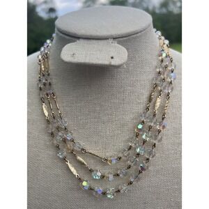 Vintage West Germany Triple Strand Aurora Borealis Glass & Gold Bead Necklace